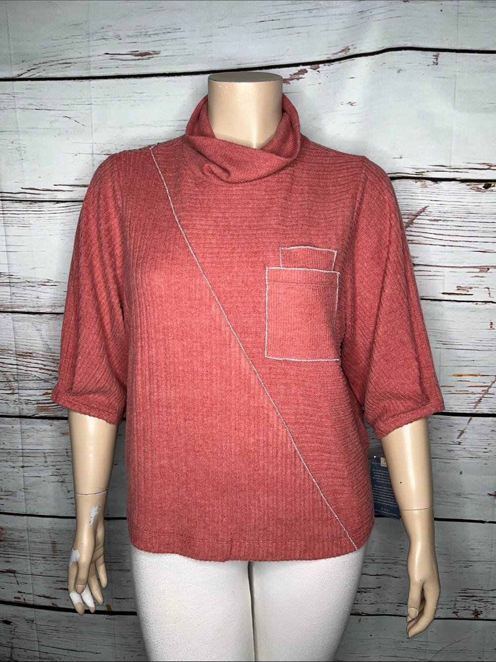 Democracy NWT 2X Pink - Silver Trim Double Pocket Ribbed Knit Boxy Sweater Top